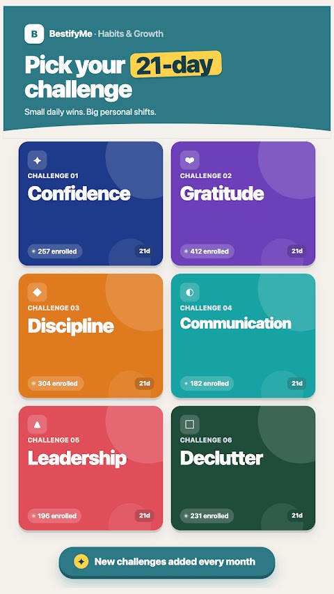 A grid of challenge cards: Confidence, Gratitude, Discipline, Communication, Leadership and Declutter, each marked 21 days.
