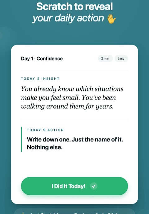 Day 1 of the Confidence challenge: a short insight, a single action to do today, and an I Did It Today button.