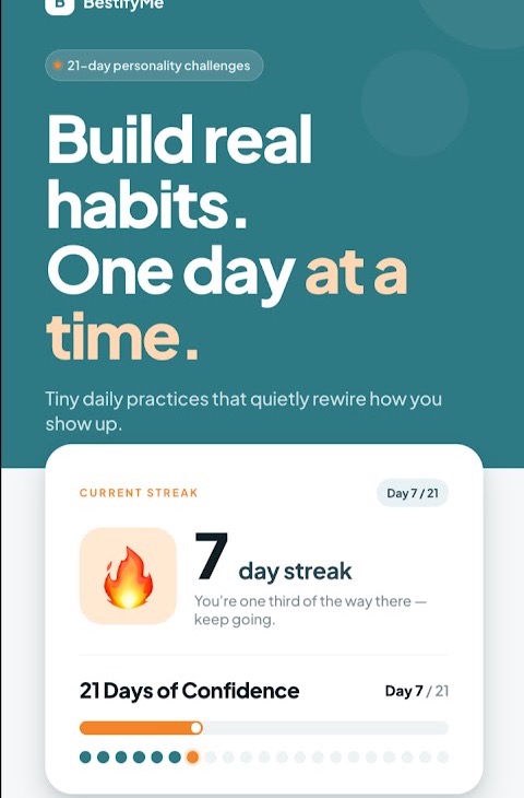 A streak card showing day 7 of 21 with a progress bar and a row of day markers.
